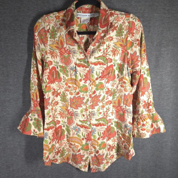 Gretchen Scott Designs Tops - Gretchen Scott Floral Button Front Blouse Womens Medium Bell Sleeve Boho